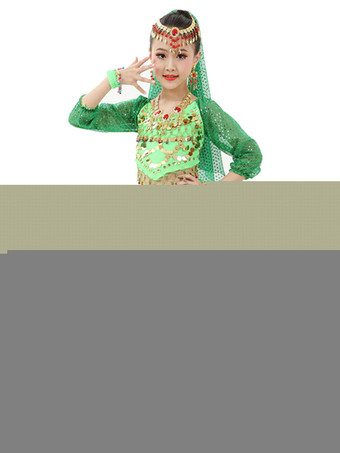 ダンス 衣装 レッド ベリーダンス衣装 キッズ用 社交ダンス衣装 グローブ 髪飾り ウエストチェーン ベール トップス パンツ 女の子用 シック＆モダン マルチカラー 調整可能 シフォン