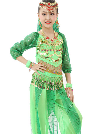 ライトグリーン ダンス 衣装 レッド ベリーダンス衣装 キッズ用 社交ダンス衣装 グローブ 髪飾り ウエストチェーン ベール トップス パンツ 女の子用 シック＆モダン マルチカラー 調整可能 シフォン