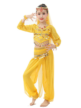 イエローダンス 衣装 レッド ベリーダンス衣装 キッズ用 社交ダンス衣装 グローブ 髪飾り ウエストチェーン ベール トップス パンツ 女の子用 シック＆モダン マルチカラー 調整可能 シフォン