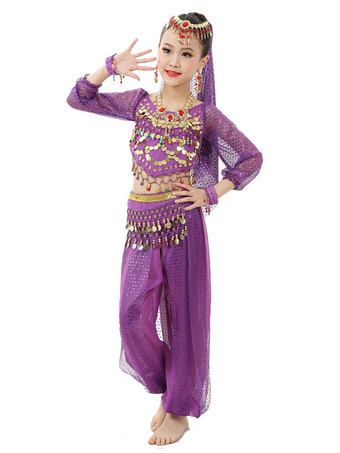 パープル ダンス 衣装 レッド ベリーダンス衣装 キッズ用 社交ダンス衣装 グローブ 髪飾り ウエストチェーン ベール トップス パンツ 女の子用 シック＆モダン マルチカラー 調整可能 シフォン