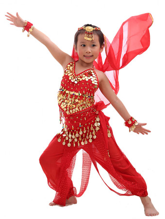 レッドローズレッド ベリーダンス衣装 キッズ用 社交ダンス衣装 ポリエステル シフォン 女の子用 シック＆モダン パフォーマンス ベリーダンサー マルチカラー 調整可能 グローブ 髪飾り ベール ウエストチェーン トップス パンツ コスチューム