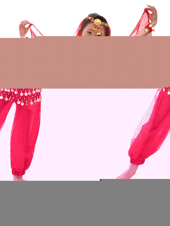 ローズレッド ベリーダンス衣装 キッズ用 社交ダンス衣装 ポリエステル シフォン 女の子用 シック＆モダン パフォーマンス ベリーダンサー マルチカラー 調整可能 グローブ 髪飾り ベール ウエストチェーン トップス パンツ コスチューム