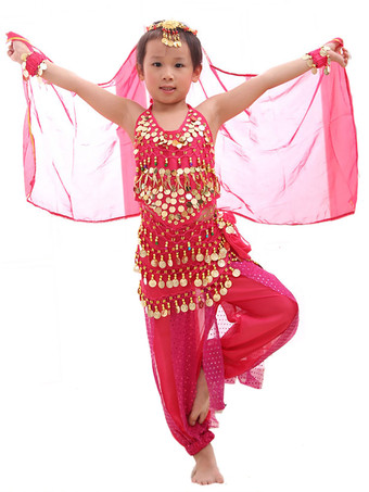 ローズレッド ベリーダンス衣装 キッズ用 社交ダンス衣装 ポリエステル シフォン 女の子用 シック＆モダン パフォーマンス ベリーダンサー マルチカラー 調整可能 グローブ 髪飾り ベール ウエストチェーン トップス パンツ コスチューム