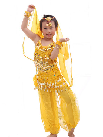 イエローローズレッド ベリーダンス衣装 キッズ用 社交ダンス衣装 ポリエステル シフォン 女の子用 シック＆モダン パフォーマンス ベリーダンサー マルチカラー 調整可能 グローブ 髪飾り ベール ウエストチェーン トップス パンツ コスチューム