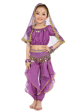 パープル イエロー ベリーダンス衣装 キッズ用 社交ダンス衣装 ポリエステル シフォン 女の子用 シック＆モダン パフォーマンス ベリーダンサー マルチカラー 調整可能 グローブ 髪飾り ベール トップス パンツ コスチューム
