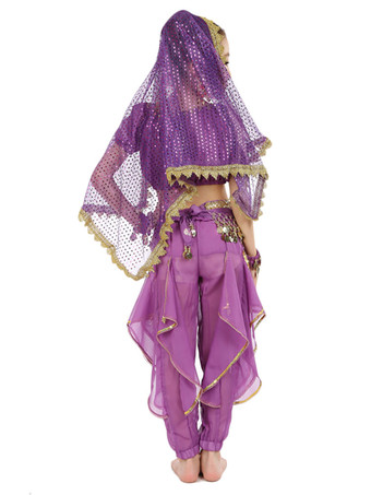 イエロー ベリーダンス衣装 キッズ用 社交ダンス衣装 ポリエステル シフォン 女の子用 シック＆モダン パフォーマンス ベリーダンサー マルチカラー 調整可能 グローブ 髪飾り ベール トップス パンツ コスチューム