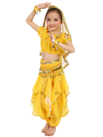イエロー ベリーダンス衣装 キッズ用 社交ダンス衣装 ポリエステル シフォン 女の子用 シック＆モダン パフォーマンス ベリーダンサー マルチカラー 調整可能 グローブ 髪飾り ベール トップス パンツ コスチューム