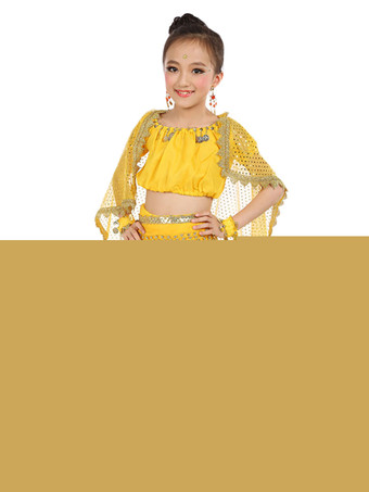 イエロー ベリーダンス衣装 キッズ用 社交ダンス衣装 ポリエステル シフォン 女の子用 シック＆モダン パフォーマンス ベリーダンサー マルチカラー 調整可能 グローブ 髪飾り ベール トップス パンツ コスチューム