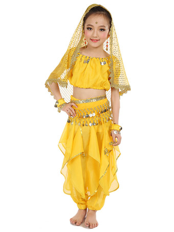 イエロー ベリーダンス衣装 キッズ用 社交ダンス衣装 ポリエステル シフォン 女の子用 シック＆モダン パフォーマンス ベリーダンサー マルチカラー 調整可能 グローブ 髪飾り ベール トップス パンツ コスチューム