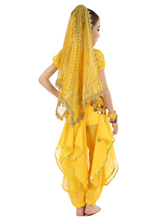 イエロー ベリーダンス衣装 キッズ用 社交ダンス衣装 ポリエステル シフォン 女の子用 シック＆モダン パフォーマンス ベリーダンサー マルチカラー 調整可能 グローブ 髪飾り ベール トップス パンツ コスチューム