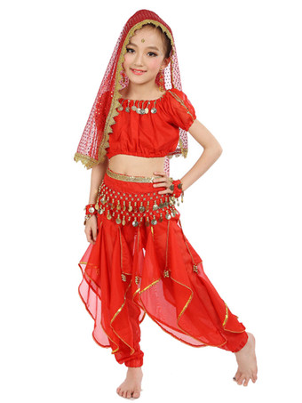 レッドイエロー ベリーダンス衣装 キッズ用 社交ダンス衣装 ポリエステル シフォン 女の子用 シック＆モダン パフォーマンス ベリーダンサー マルチカラー 調整可能 グローブ 髪飾り ベール トップス パンツ コスチューム