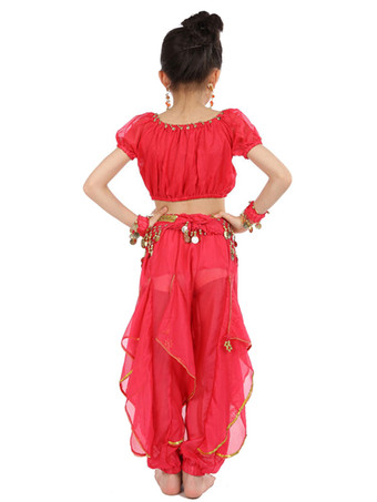 イエロー ベリーダンス衣装 キッズ用 社交ダンス衣装 ポリエステル シフォン 女の子用 シック＆モダン パフォーマンス ベリーダンサー マルチカラー 調整可能 グローブ 髪飾り ベール トップス パンツ コスチューム