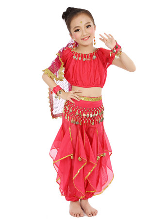 ローズレッドイエロー ベリーダンス衣装 キッズ用 社交ダンス衣装 ポリエステル シフォン 女の子用 シック＆モダン パフォーマンス ベリーダンサー マルチカラー 調整可能 グローブ 髪飾り ベール トップス パンツ コスチューム