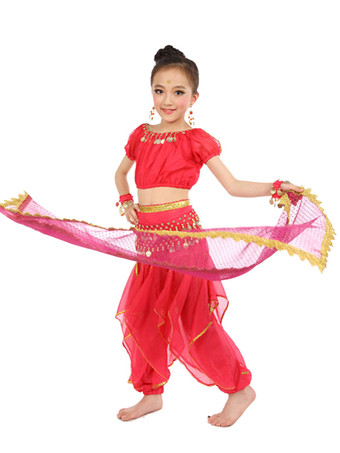 イエロー ベリーダンス衣装 キッズ用 社交ダンス衣装 ポリエステル シフォン 女の子用 シック＆モダン パフォーマンス ベリーダンサー マルチカラー 調整可能 グローブ 髪飾り ベール トップス パンツ コスチューム