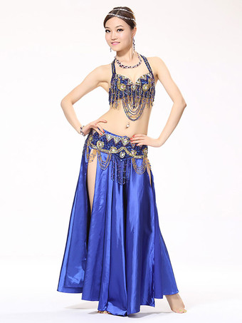 ロイヤルブルーベリーダンス衣装　大人用　ロングスカート＆カマーバンド＆ブラ　女性用　シック＆モダン　マルチカラー　マットサテン　