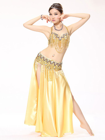 ゴールド ベリーダンス衣装　大人用　ロングスカート＆カマーバンド＆ブラ　女性用　シック＆モダン　マルチカラー　マットサテン　