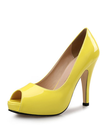 イエローパンプス ピンヒール 靴の甲の素材：パテント PU ピープトゥシューズ アプリコット スリップオン 10.5cm シック＆モダン シューズ パテントレザー パーティー キャバ 2次会 二次会 結婚式 ハイヒールシューズ パーティー レディース靴