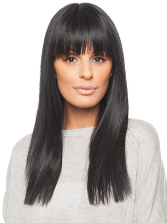 Human Hair Wigs Women's Long Layered Straight Black Wig With Bangs