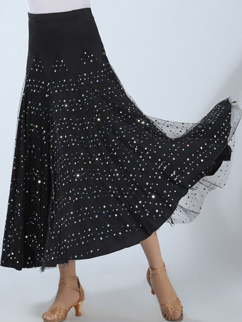 パフォーマンスマキシスカート　社交ダンスドレス　2024　女性用　ブラック　スパンコール　ボールルームダンス衣装