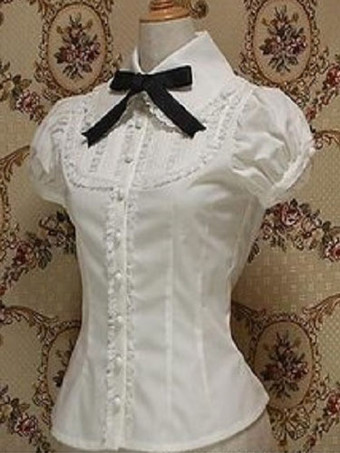 Klassische Lolita Bluse Baumwolle Bowknot Rüschen Weiß Lolita  mit kurzen Ärmeln in Weiß