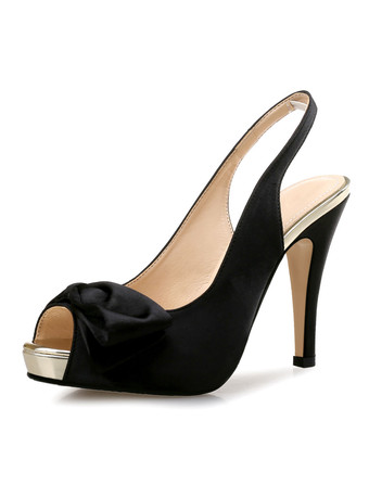 ブラック サンダル　サテン　女性用　スティレットヒール　ピープトゥ　無地　リボン　エレガント　