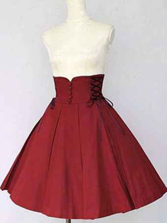 Classic Lolita Skirt SK Cotton Ruffles High Rise Plissado A Line Borgonha Lolita Skirt