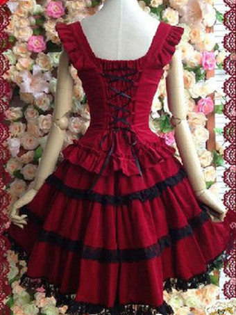 ゴシックロリータドレスJSK　コットン　レース　トリムプリーツ　レット　ロリータジャンパースカート　アイドル衣装　