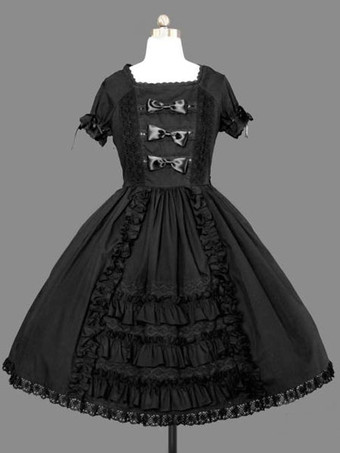 Lolita abito maniche corte gotico cotone monocolore con fiocchi 