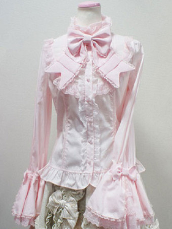 ピンクロリィタブラウス　ピュアコットン　お茶会　ロココ調　スタンドカラー　長袖　