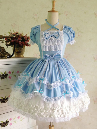 ライトスカイブルーロリータドレスJSK レース ロココフリル リボン付き プリーツ コットンロリータジャンパースカート