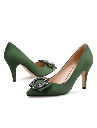 グリーン ハイヒール ポインテッドトゥ パンプス グリーン ピンヒール コーデュロイ 8cm ラインストーン シューズ 無地 ハイヒールシューズ 結婚式 二次会 通勤用 仕事 キャバ 卒園式 卒園式 スリップオン レディース靴