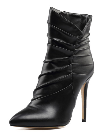 ブラック ショートブーツ ポインテッドトゥ ブーティ シック＆モダン レディースブーツ ブラック  ピンヒール 11.5cm プリーツ 靴の甲の素材：パテント PU 外出 無地 シューズ レディース靴