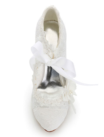 ブライダルシューズ　ホワイト　レース　ポインテッドトゥ　スティレットヒール　リボン　