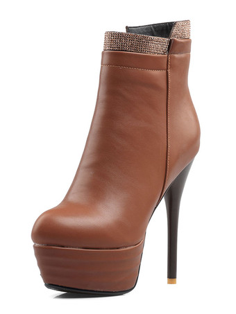 ブラウン ハイヒール ブーティー プラットフォーム レッド ラインストーン ジップアップ アンクルブーツ 女性用