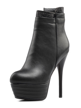 ブラック ハイヒール ブーティー プラットフォーム レッド ラインストーン ジップアップ アンクルブーツ 女性用