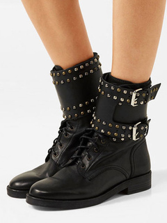 Bottines plates en peau de vache noir artistique avec rivet à lacets de PU cuir