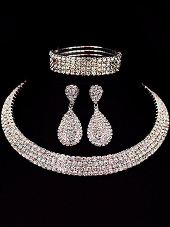 Luxurious Jewelry Set Silver Rhinestones Choker With Drop Earrings And Bracelet