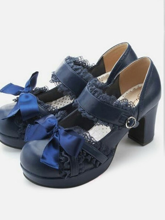 Sweet Lolita Shoes Dark Navy Lace Square Toe Bows PU Chunky Heel Lolita Pump Shoes