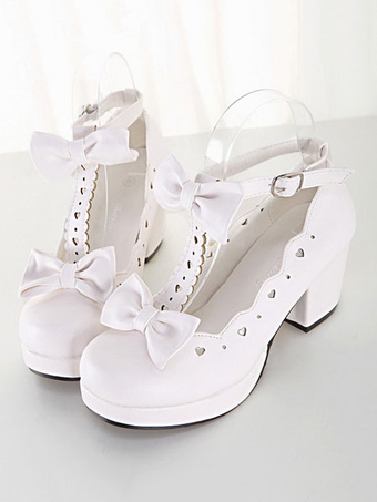 Lolitashow Sweet Lolita Shoes White Chunky Heel Square Toe Bows Lolita Pump Shoes