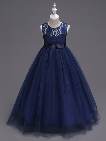 Flower Girl Dresses Princess Dark Navy Tutu Dress Sleeveless Lace Tulle Kids Pageant Dresses