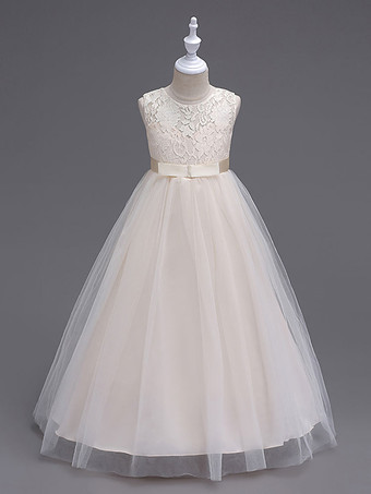 Champagne Robes cortège enfant col rond en dentelle jupe en tulle robe fille de fleur