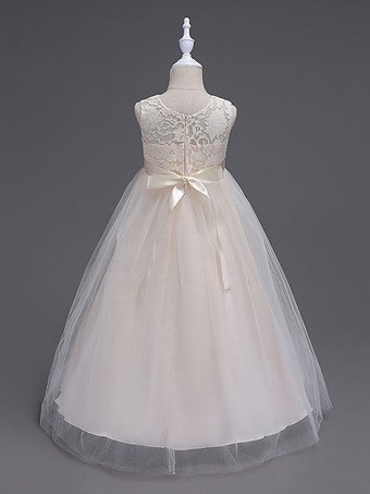 Robes cortège enfant col rond en dentelle jupe en tulle robe fille de fleur