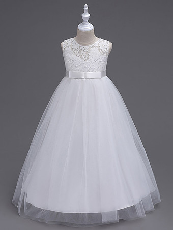Blanc Robes cortège enfant col rond en dentelle jupe en tulle robe fille de fleur