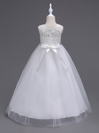 Robes cortège enfant col rond en dentelle jupe en tulle robe fille de fleur