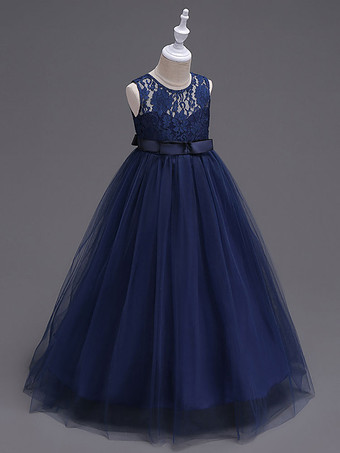 Robes cortège enfant col rond en dentelle jupe en tulle robe fille de fleur