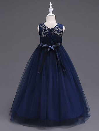 Robes cortège enfant col rond en dentelle jupe en tulle robe fille de fleur