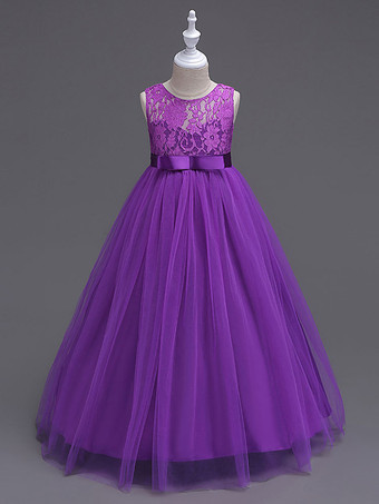Lavande Robes cortège enfant col rond en dentelle jupe en tulle robe fille de fleur