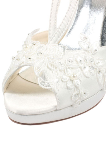 ウェディングシューズ　フェイクシルク　ピープトゥ　アイボリー　スティレットヒール　エレガント　レース　ウェディングパーティー　