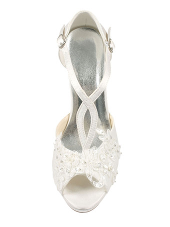 ウェディングシューズ　フェイクシルク　ピープトゥ　アイボリー　スティレットヒール　エレガント　レース　ウェディングパーティー　