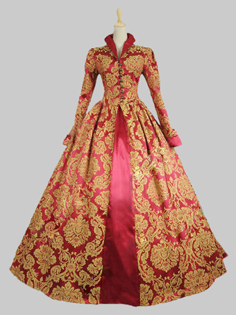 プリンセス 宮廷ドレス 女性用 貴族ドレス 中世 ドレス レッド 長袖 コットン サテン パーティー ドレス バロック風 中世 ドレス・貴族ドレス ヨーロッパ 宮廷風 レトロ バーガンディ